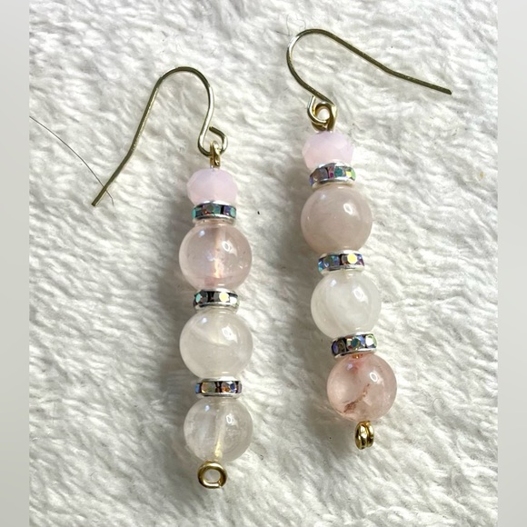 Rose Quartz & Crystal Beaded long Earrings - Picture 3 of 4